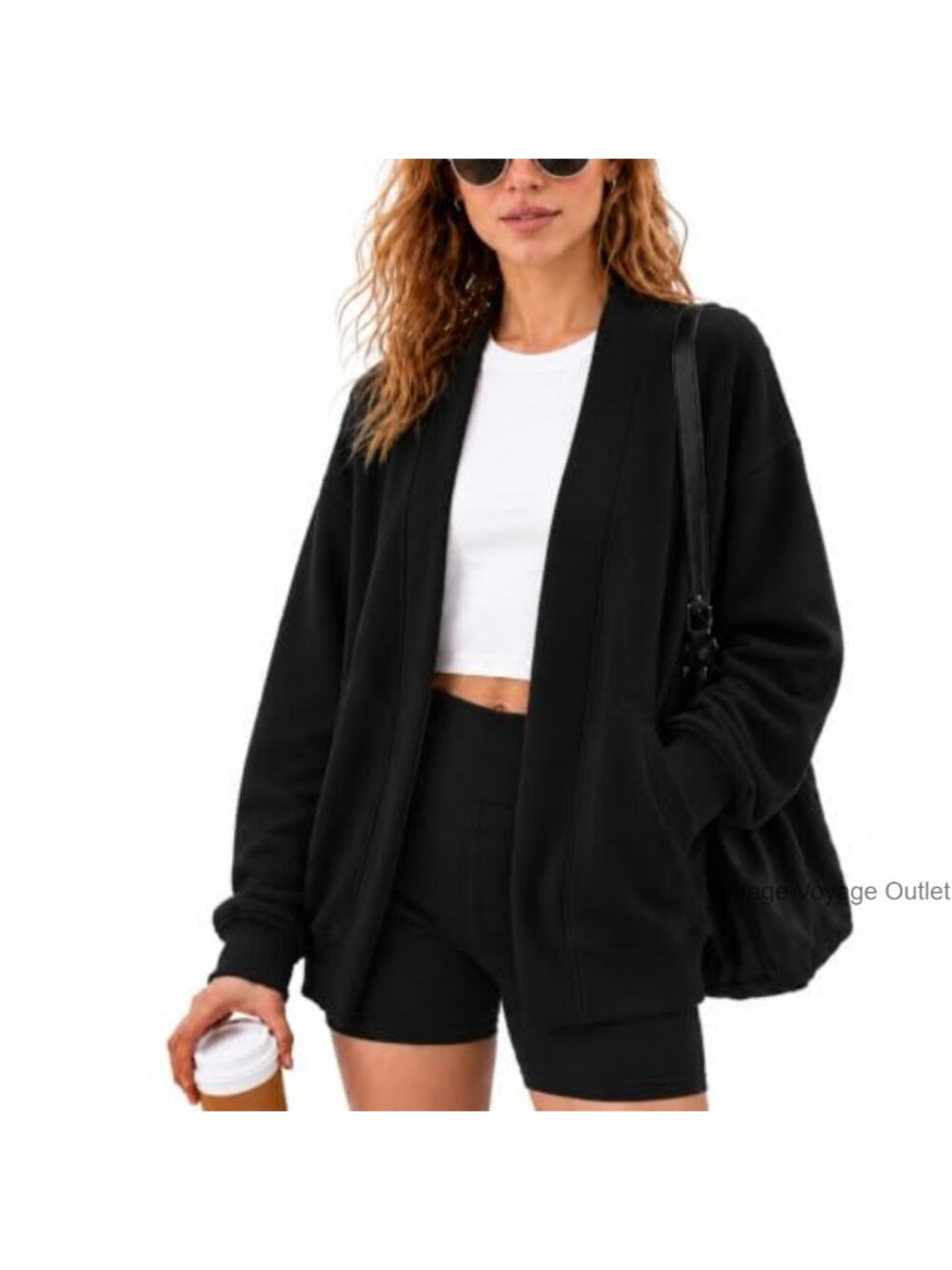 Oversized Cotton Blend Open Front Cardigan Sweatshirt with Pockets